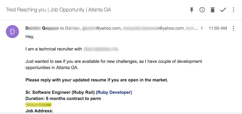 Email to old address from recruiter